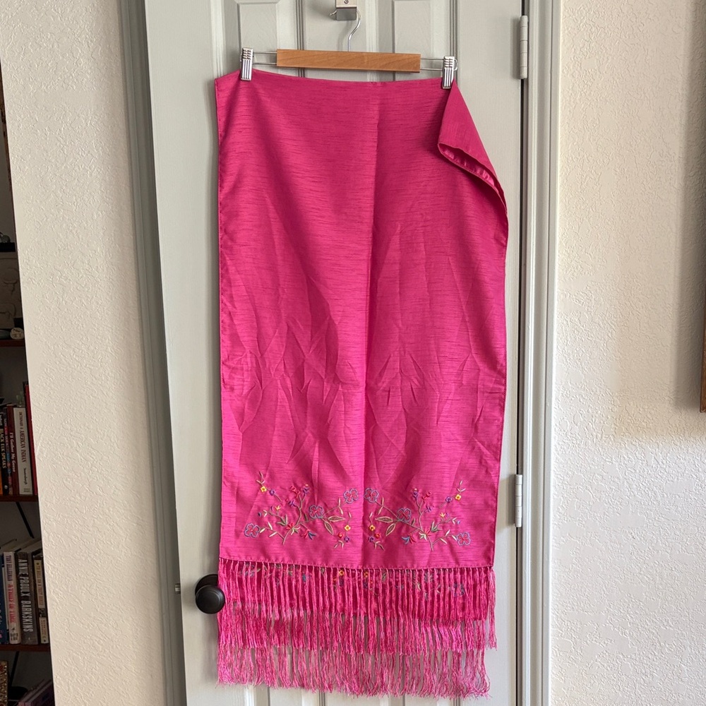 Pink Embroidered Fringe Scarf